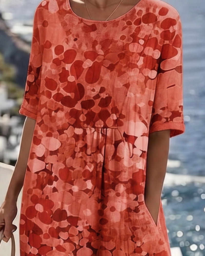 Elegant women's floral print midi dress, A-line, short sleeve, perfect for spring casual chic occasions.