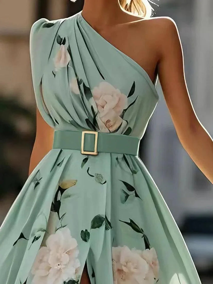 Flattering A-line maxi dress with sophisticated one-shoulder design & elegant ruching for women's fashion.