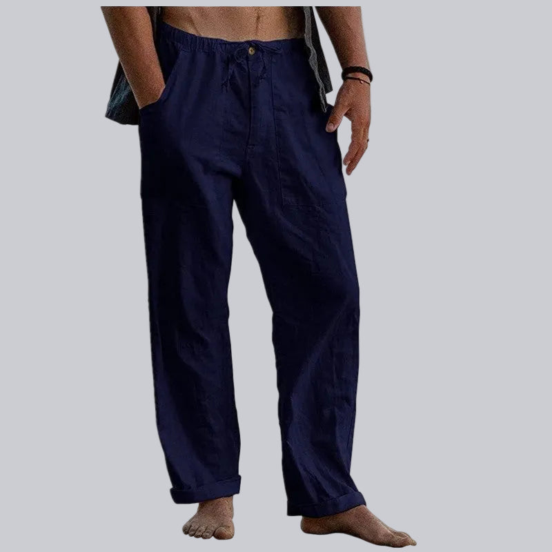 Midi length men's wide-leg summer trousers; lightweight & comfortable for a relaxed summer fashion.