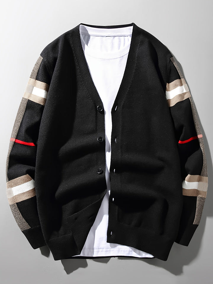 Elegant men's handcrafted button cardigan. Sophisticated layering piece for cold weather style.