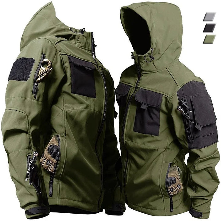 Men's hooded tactical jacket with multiple cargo pockets, ideal for outdoor adventures & rugged protection.