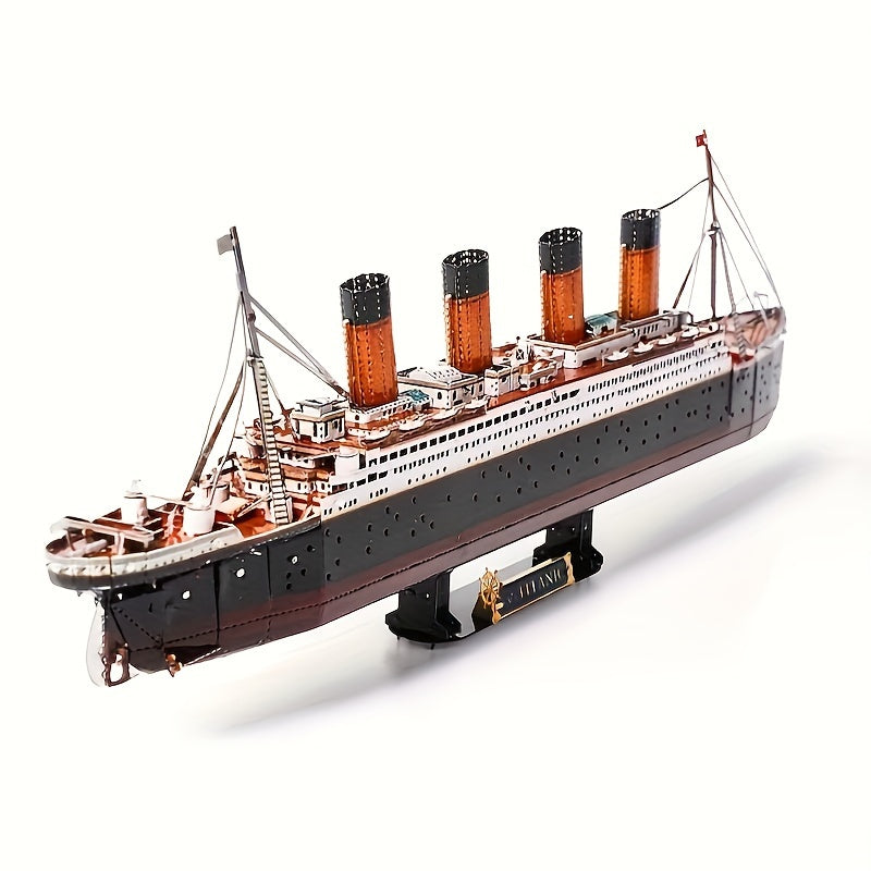 Detailed Titanic 3D metal model kit, fully assembled ship, showcasing intricate craft and desktop decor.