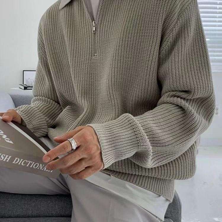 Comfortable men's quarter-zip ribbed knit sweater, a versatile long-sleeve for stylish, casual layering.