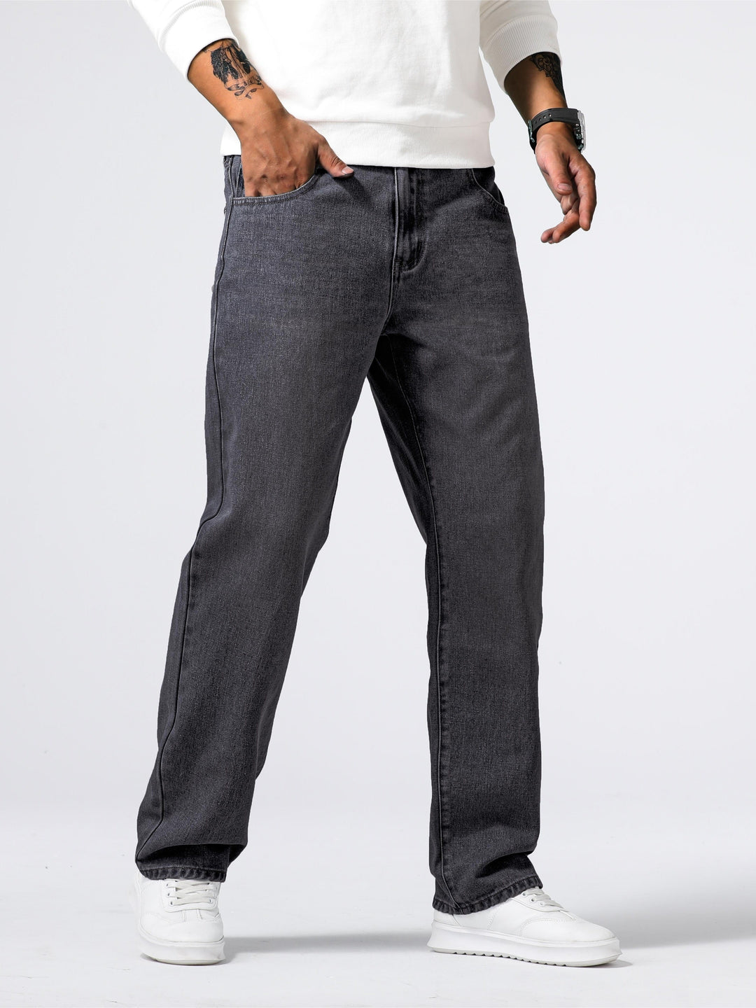 Timeless men's straight leg jeans. Classic washed denim, comfortable fit for everyday casual wear.