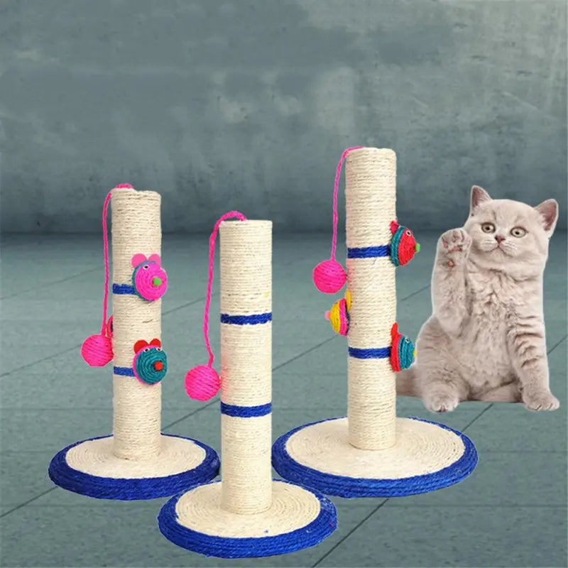 Playful cat toys on a sisal scratching post, designed to engage cats & promote healthy claws. Great pet furniture protector.