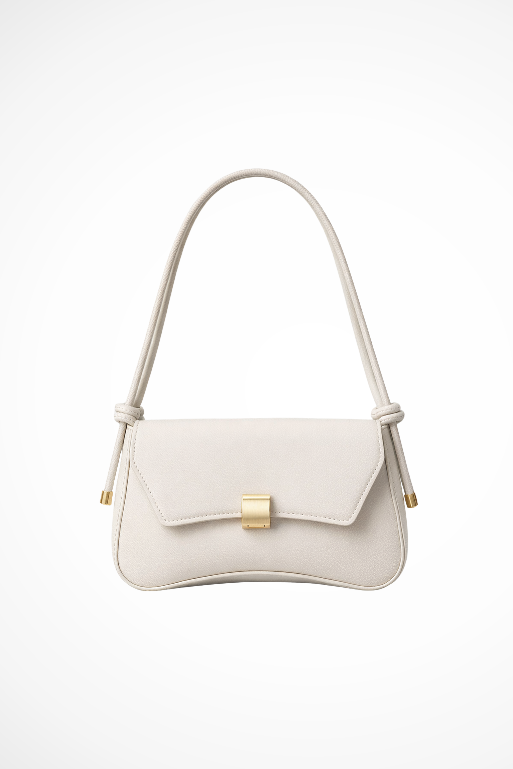 Beige women's minimalist shoulder bag with elegant gold clasp, a versatile everyday accessory.