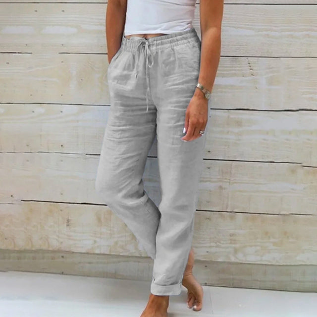 Lightweight women's summer pants with a relaxed drawstring waist, ideal for vacation outfits and comfortable wear.
