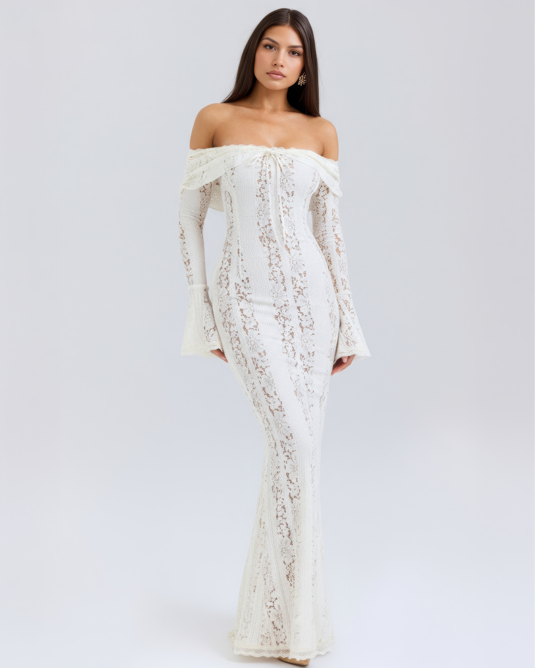 Cream off-shoulder floral lace maxi dress, an elegant long gown for evening wear & special occasions.