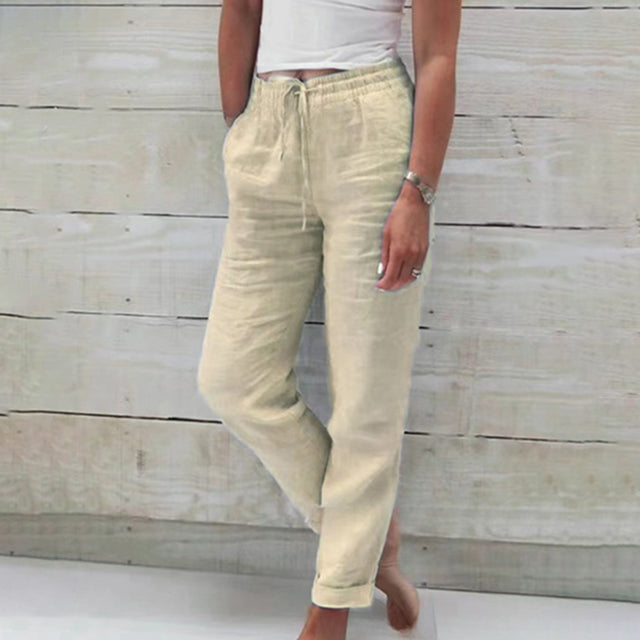 Comfortable women's summer pants with a relaxed drawstring waist, great for everyday style and vacation.