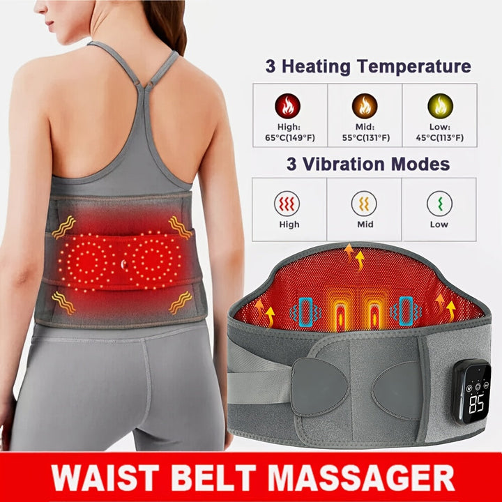 Portable wireless heated massage belt for on-the-go back and waist muscle relaxation.