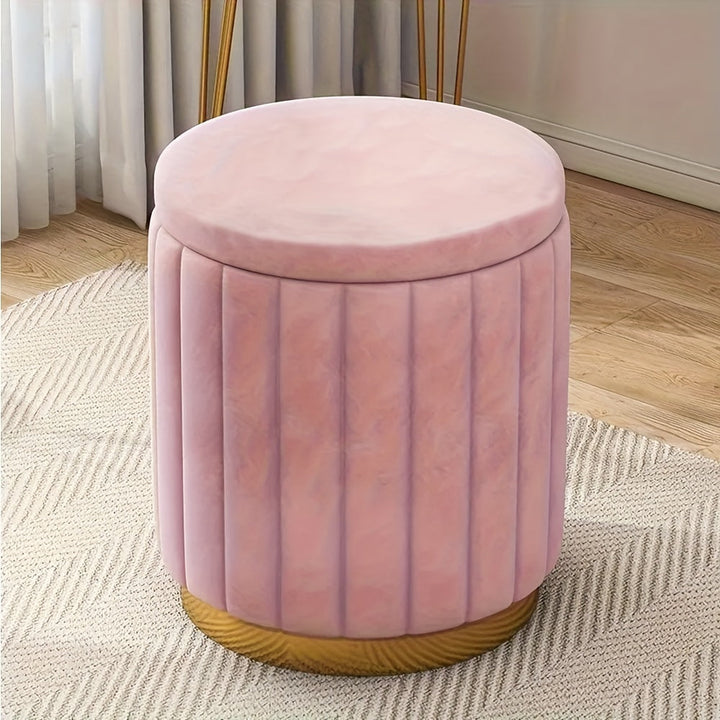 Elegant round footrest with storage, mirror finish adds chic home decor.