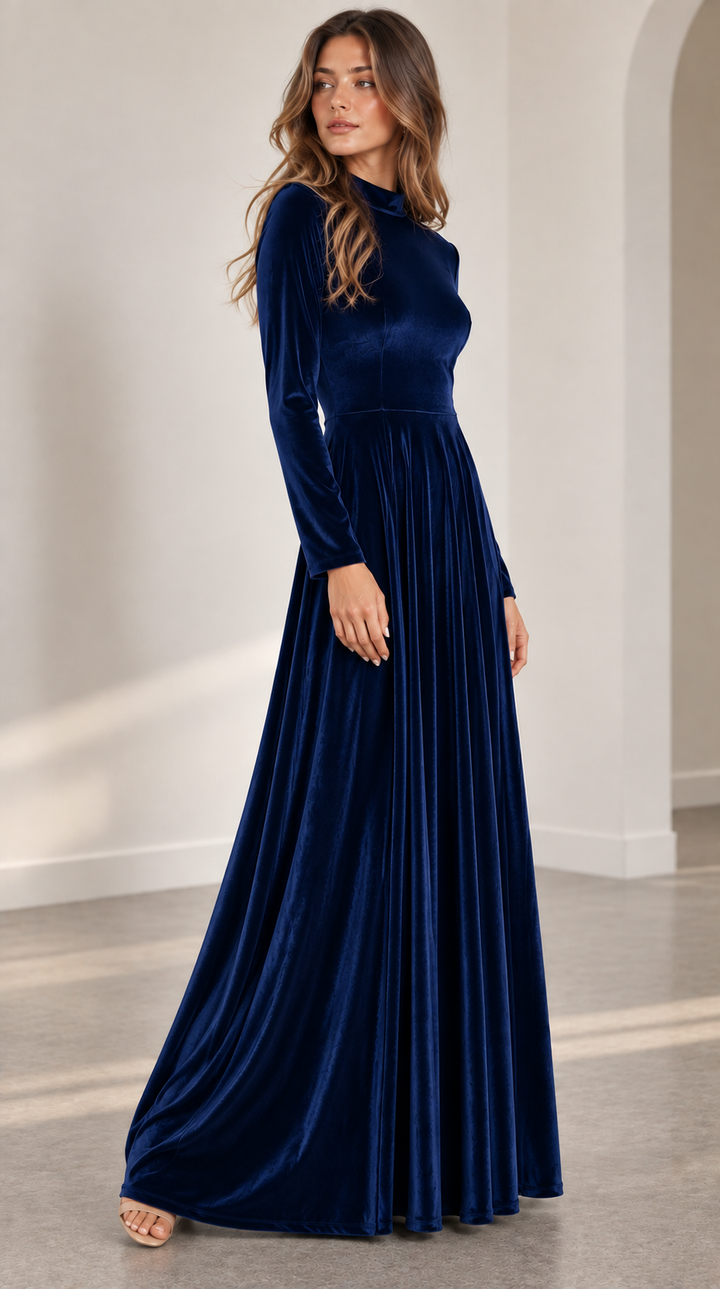 Graceful A-line midi dress with long sleeves, offering an elegant look for any special occasion.