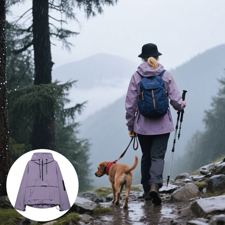 Stylish woman wearing a modern waterproof travel jacket, perfect for urban adventures.