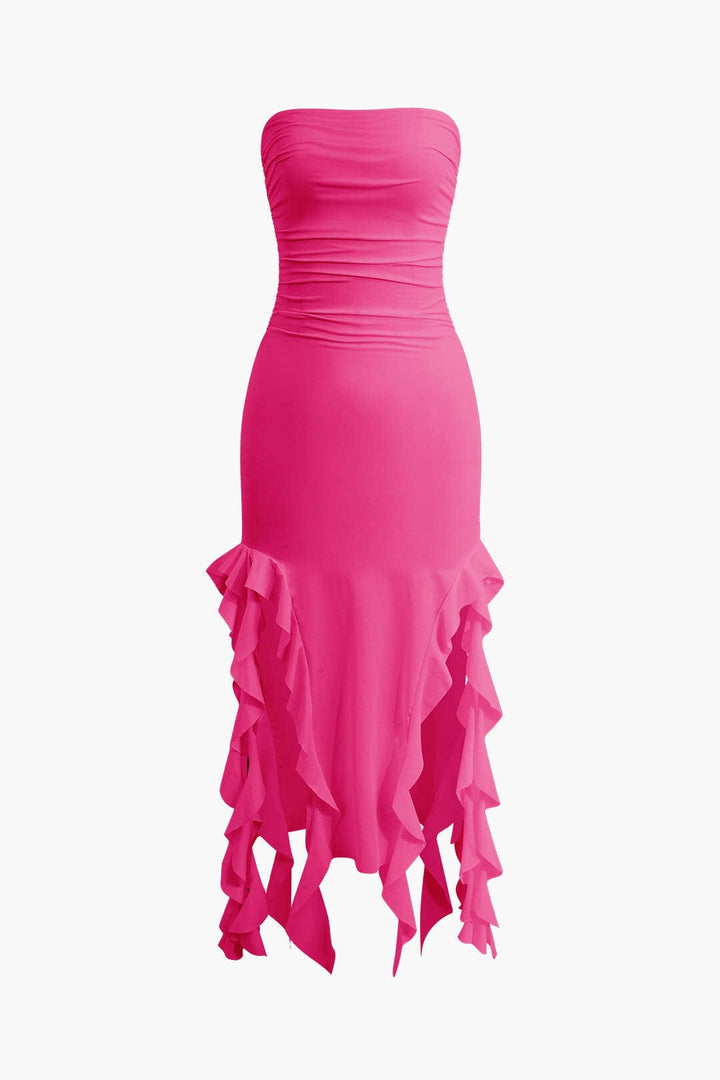 Eye-catching strapless bodycon midi dress with a flowing fringe hem, perfect for a night out.