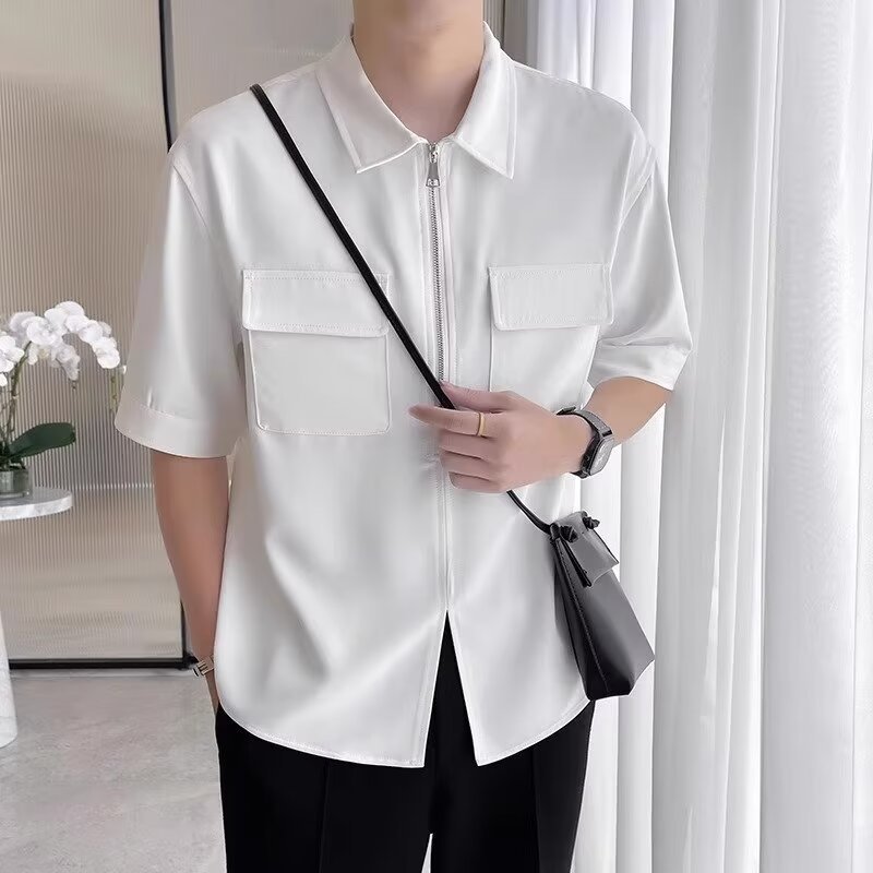 Men's zip-up short sleeve shirt, a versatile collared casual top for everyday comfort & summer style.