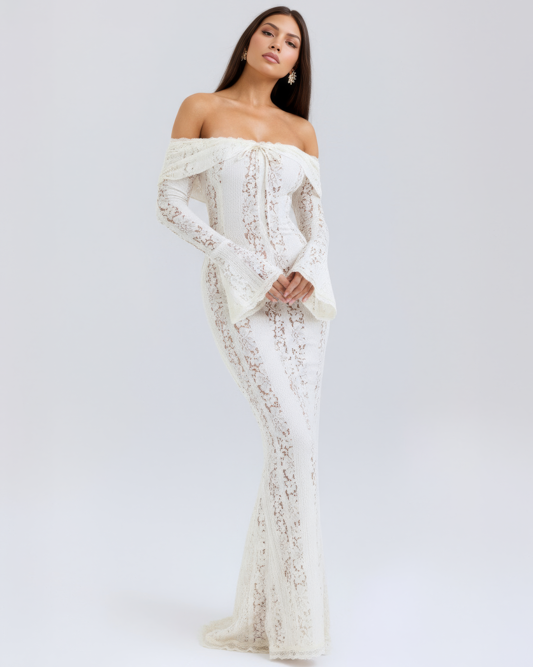 Beautiful floral lace off-shoulder maxi dress, ideal women's party or special occasion long gown.
