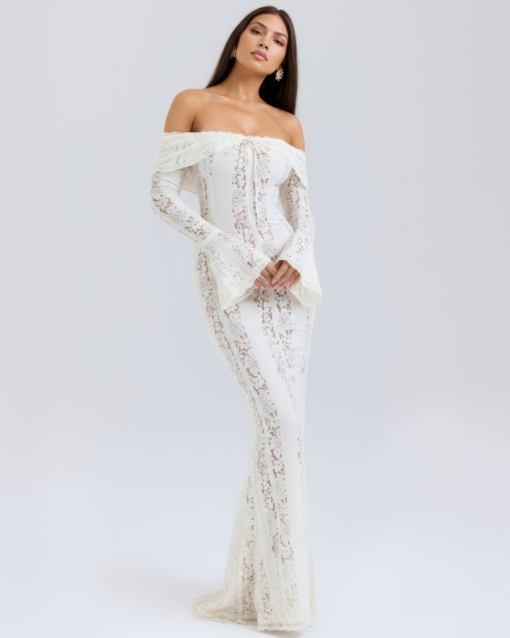 Beautiful floral lace off-shoulder maxi dress, ideal women's party or special occasion long gown.