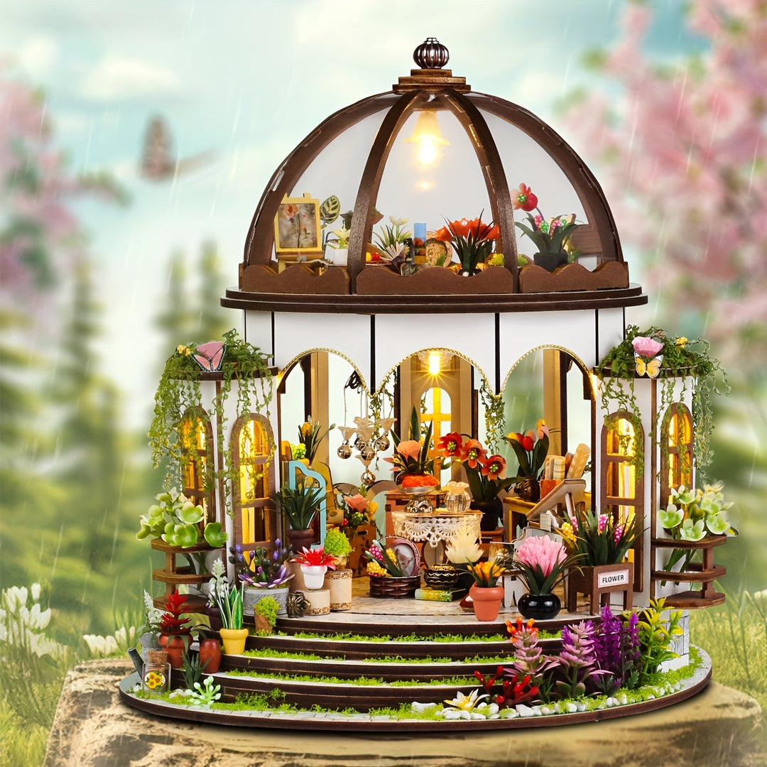 Creative hobby kit: miniature flower house 3D wooden puzzle with LED lighting, a unique gift for crafters.