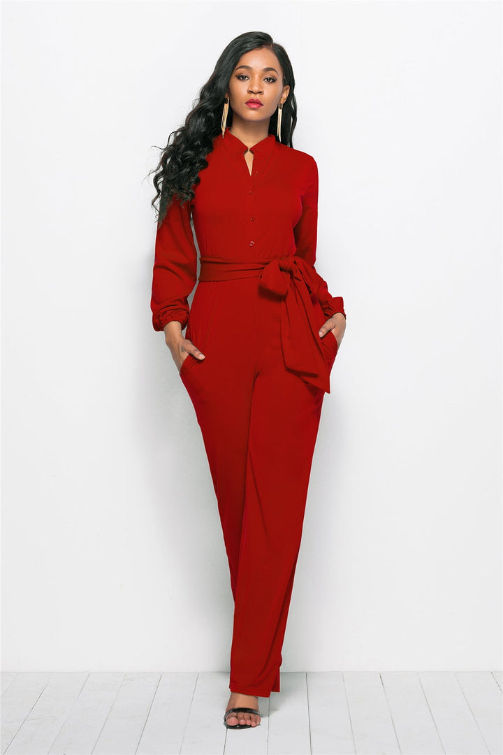 Modern women's formal jumpsuit with tailored long sleeves, a chic one-piece for contemporary fashion.