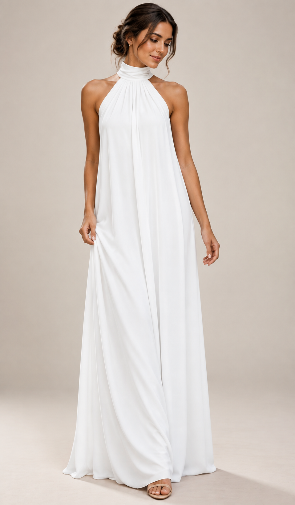 Flowing white halter neck maxi dress for women, ideal as a summer party dress, evening gown, or resort attire.