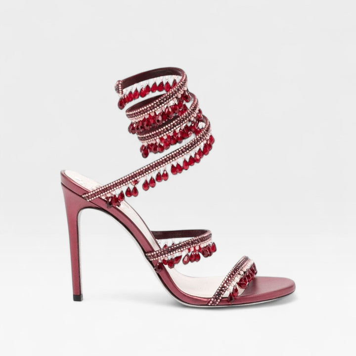 Elegant women's crystal strappy stiletto heels, luxurious footwear for evening & formal events.