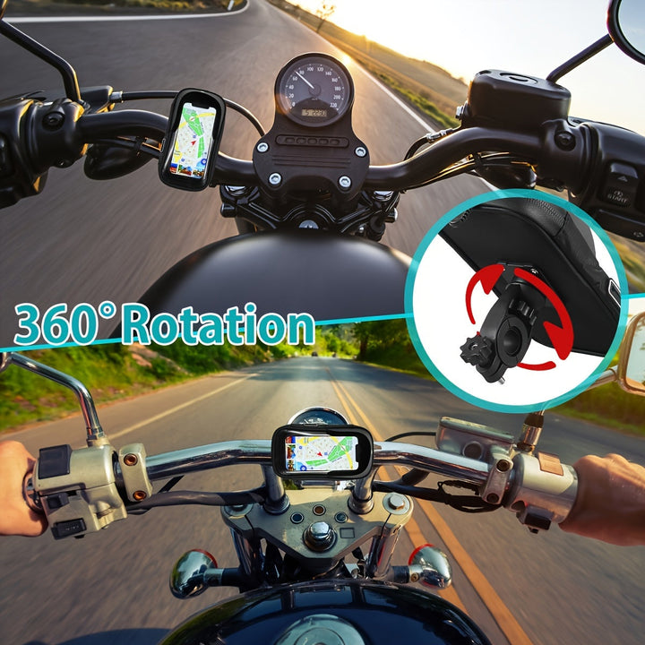 Red waterproof motorcycle handlebar phone holder. Secure universal smartphone accessory.