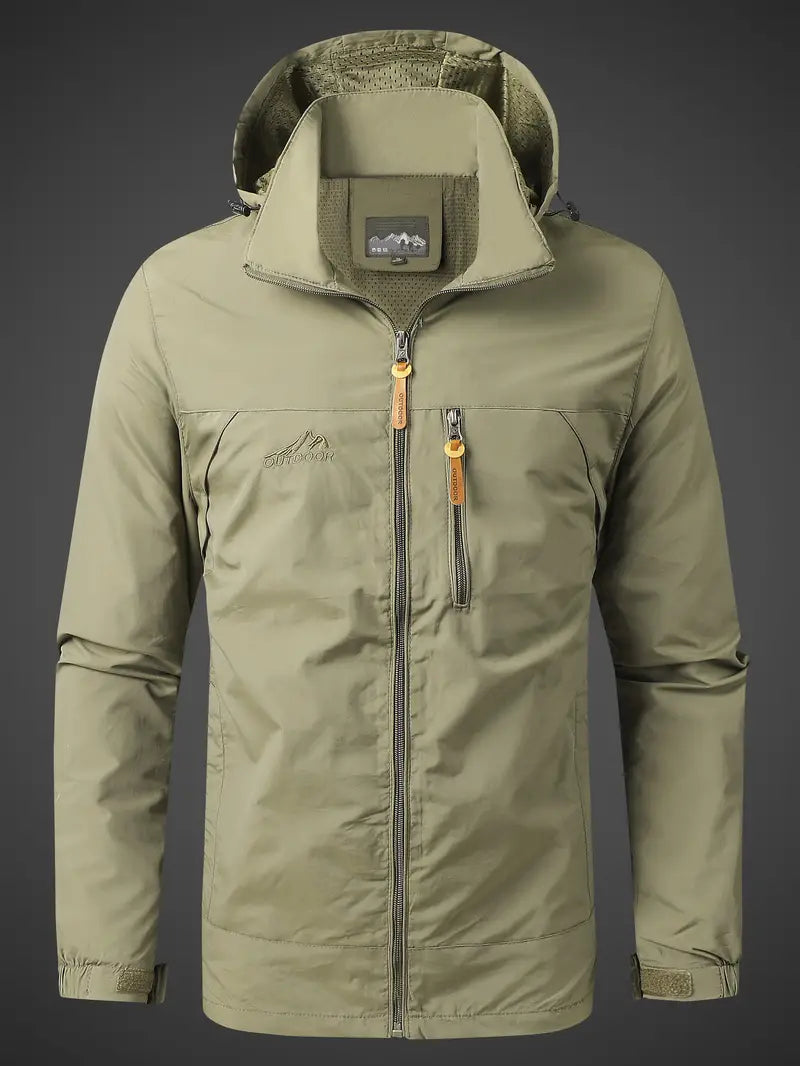 Men's performance hooded rain jacket, waterproof & breathable, ideal for hiking, trekking & daily wear.