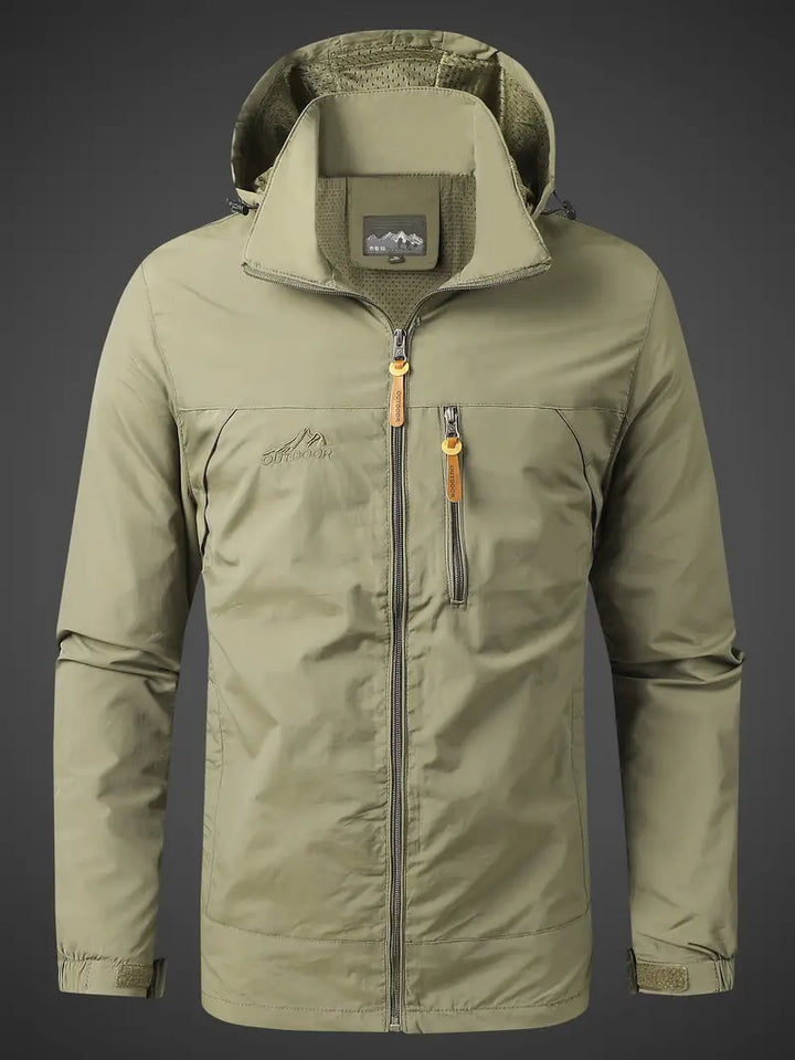 Men's performance hooded rain jacket, waterproof & breathable, ideal for hiking, trekking & daily wear.