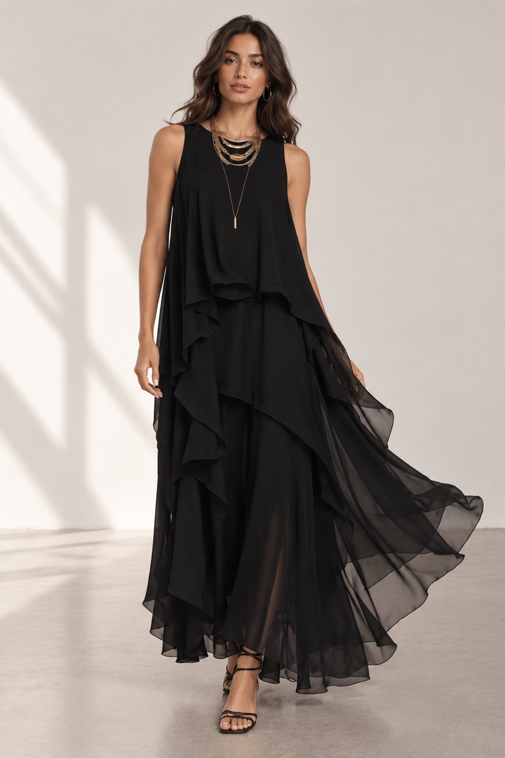 Chic black women's formal party dress featuring an asymmetrical layered overlay and high neckline for special occasions.