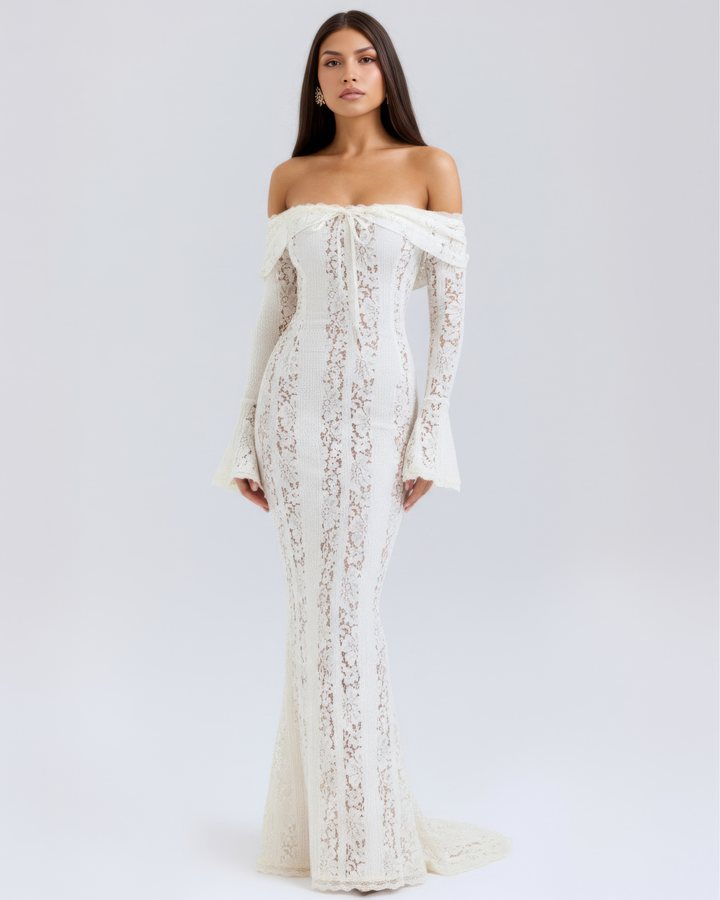 Elegant off-shoulder floral lace maxi dress for women, perfect for formal occasions & parties.