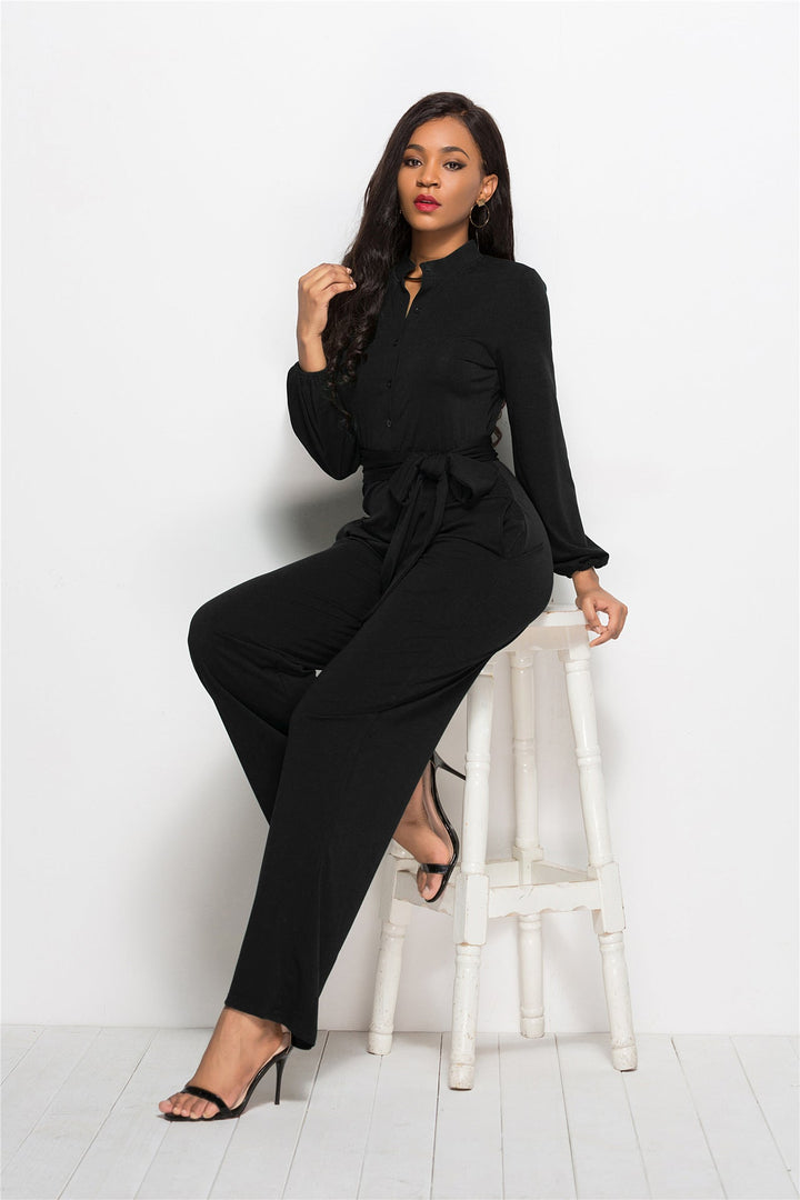 Elegant women's tailored long-sleeve jumpsuit, a versatile one-piece for formal, casual, or party wear.
