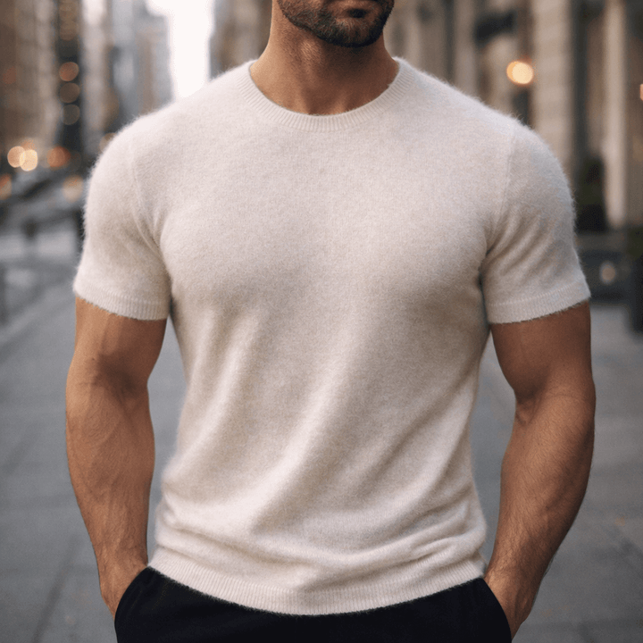 Versatile men's knitwear short sleeve t-shirt, featuring a crew neck for smart casual everyday wear.