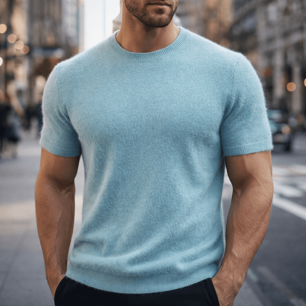 Stylish men's crew neck knitted t-shirt, a comfortable and relaxed fit for smart casual fashion.