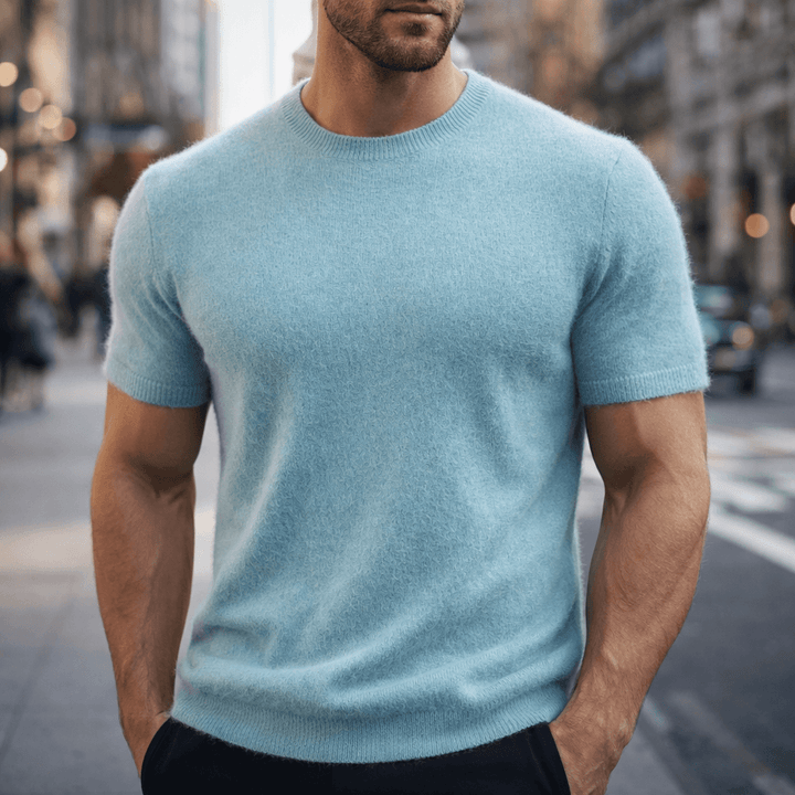 Stylish men's crew neck knitted t-shirt, a comfortable and relaxed fit for smart casual fashion.