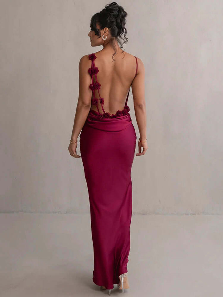 Satin Backless Floral Appliqué Evening Gown