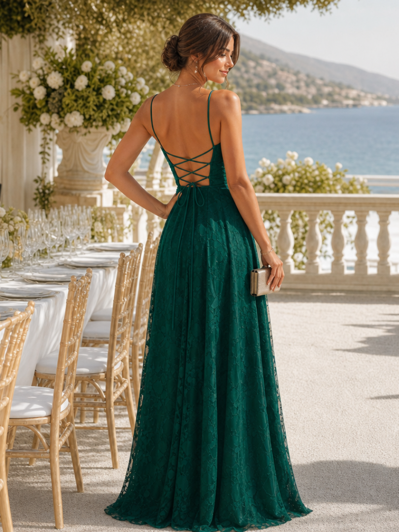 Versatile women's spaghetti strap full lace maxi dress for formal parties, weddings, and special events.