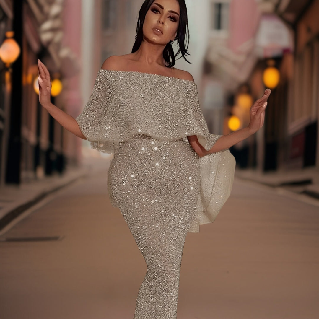 Versatile women's off-shoulder ruffle dress, ideal as a cocktail or evening gown for celebrations.