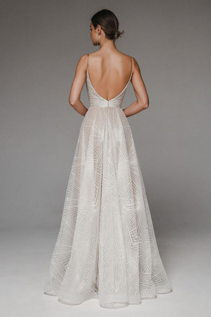 Women's formal V-neck A-line evening gown with elegant straps, ideal for prestigious special occasions.