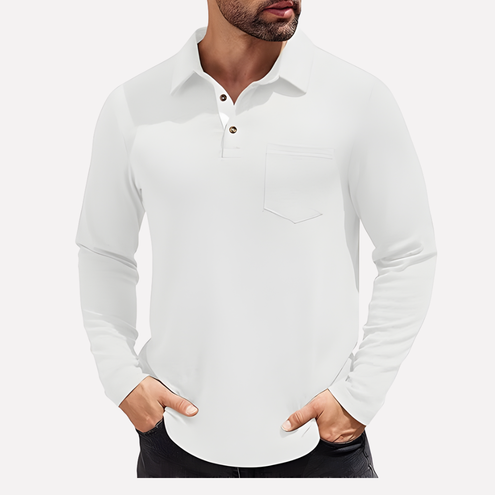 Everyday wear men's long sleeve polo shirt with chest pocket, comfortable & versatile.