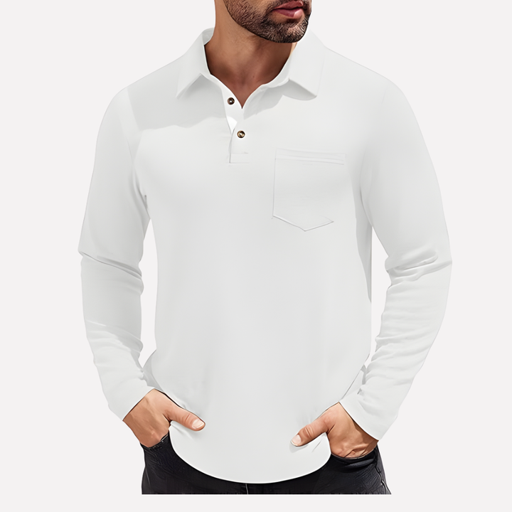Everyday wear men's long sleeve polo shirt with chest pocket, comfortable & versatile.