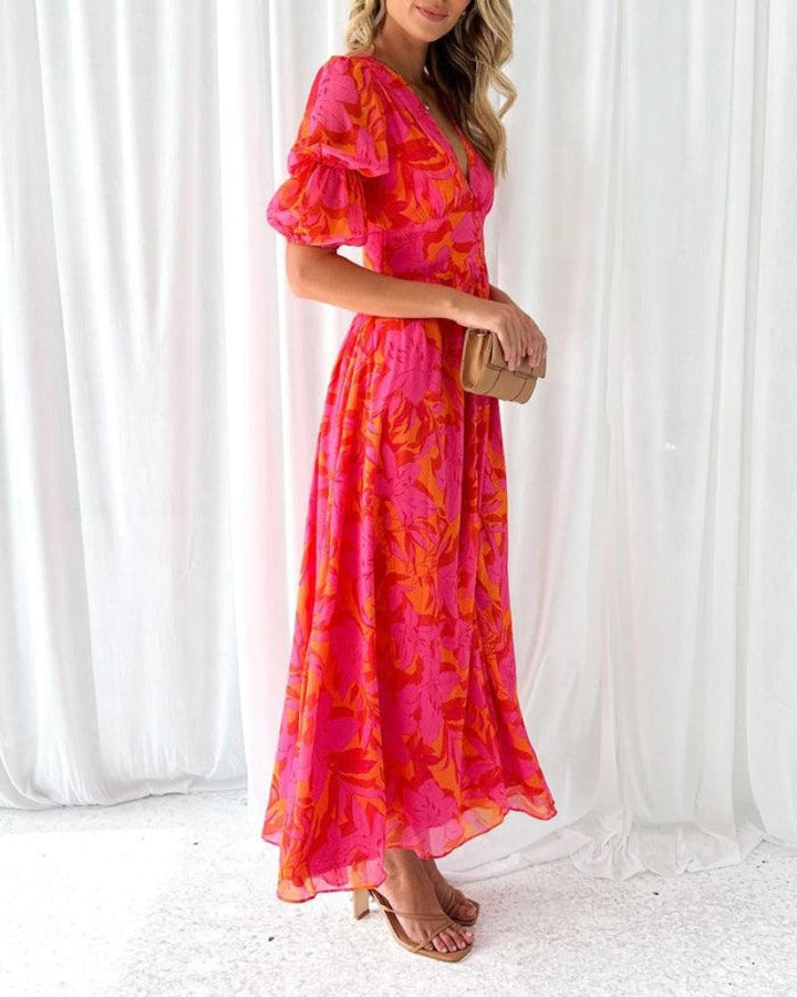 Orange Puffed Sleeve Maxi Dress for women, featuring a chic V-neck & flowing casual design, ideal for summer.