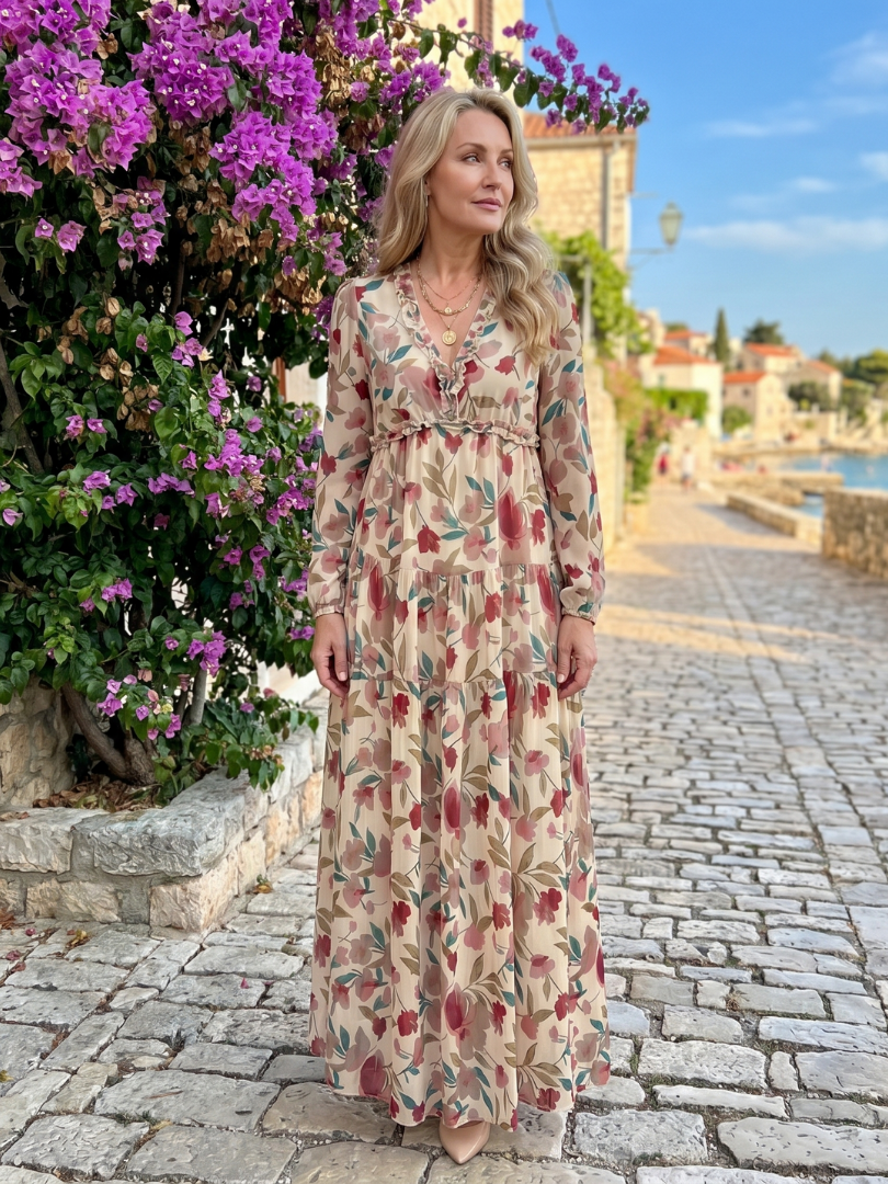 Stylish women's floral print long sleeve tiered maxi dress, perfect travel dress for warm weather.
