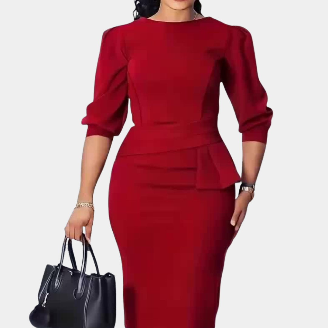 Elegant women's refined ruffle midi dress, perfect for formal events & stylish autumn/winter fashion.