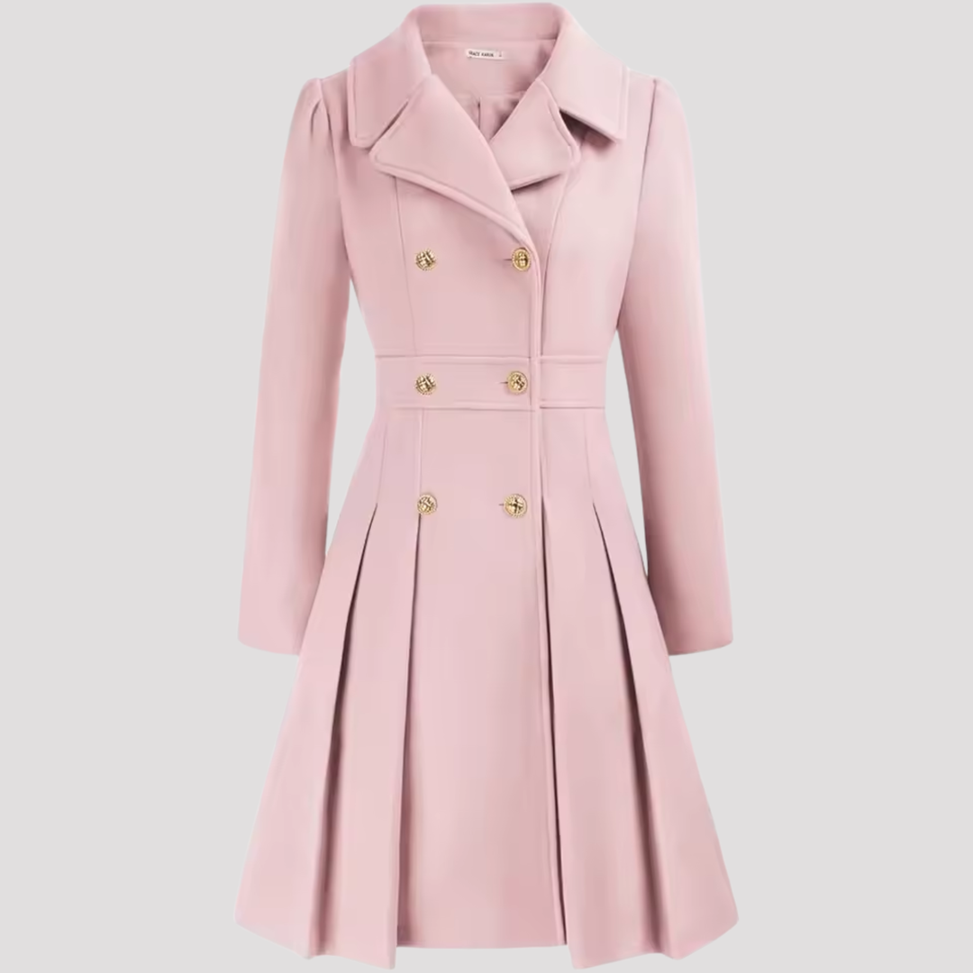 Tailored women's double-breasted coat dress, long sleeve and elegant, suitable for chic formal occasions.