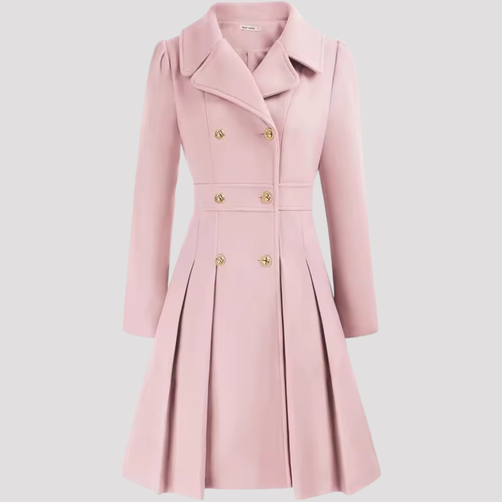 Tailored women's double-breasted coat dress, long sleeve and elegant, suitable for chic formal occasions.