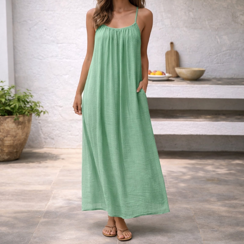 Back view of a women's sleeveless maxi sundress, showcasing delicate spaghetti strap design.