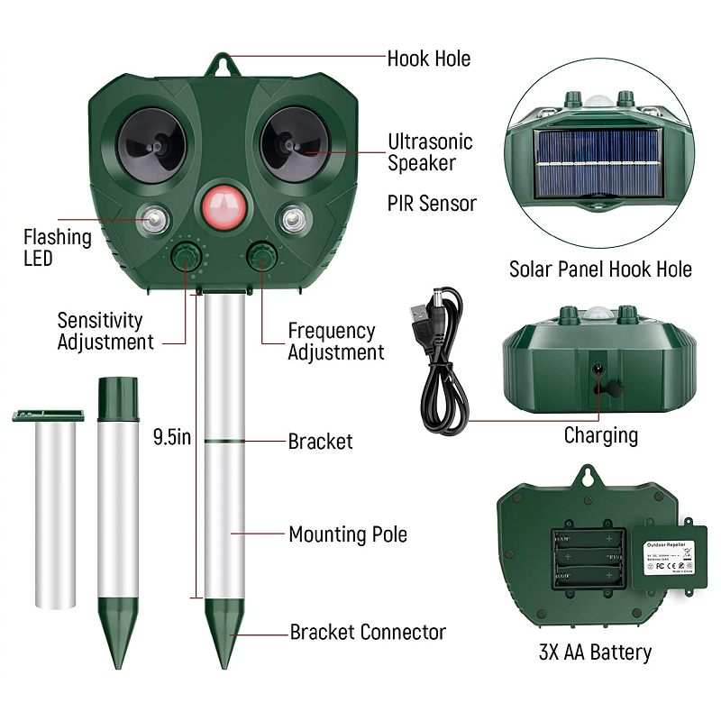 Solar-powered ultrasonic bird repeller, weatherproof & wireless, provides effective outdoor garden pest control.