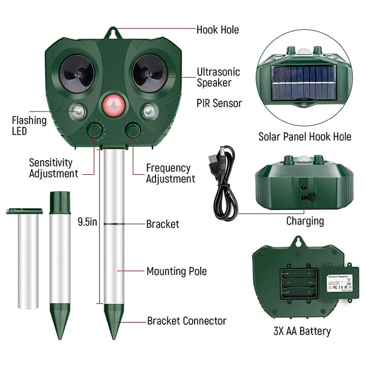 Solar-powered ultrasonic bird repeller, weatherproof & wireless, provides effective outdoor garden pest control.