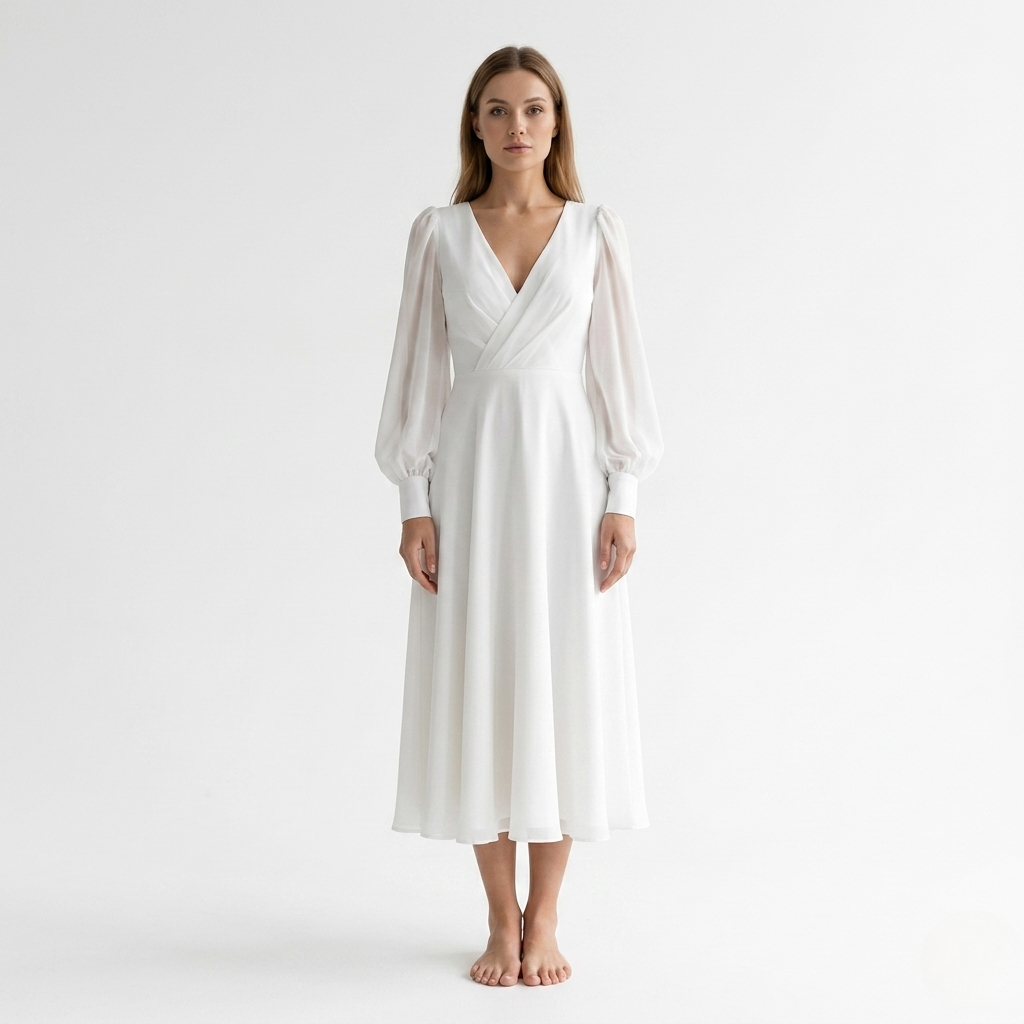 Elegant women's white V-neck wrap midi dress with a stylish flared hem, perfect for versatile summer fashion.