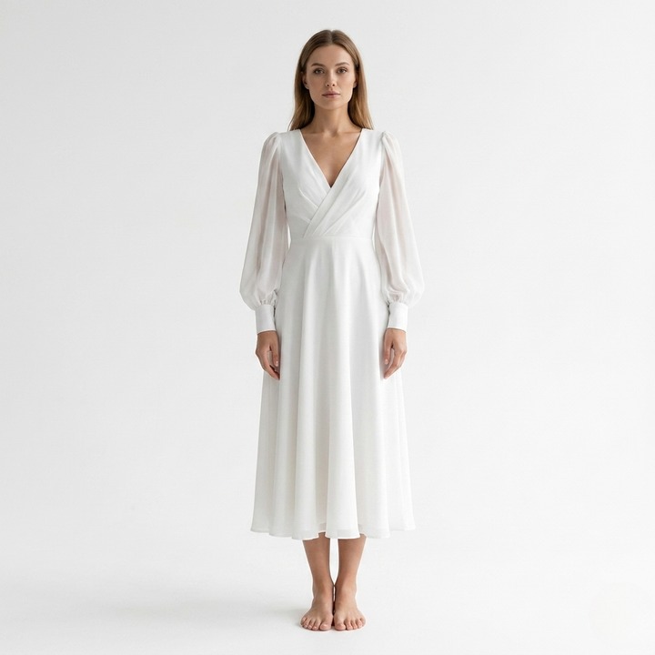 Elegant women's white V-neck wrap midi dress with a stylish flared hem, perfect for versatile summer fashion.